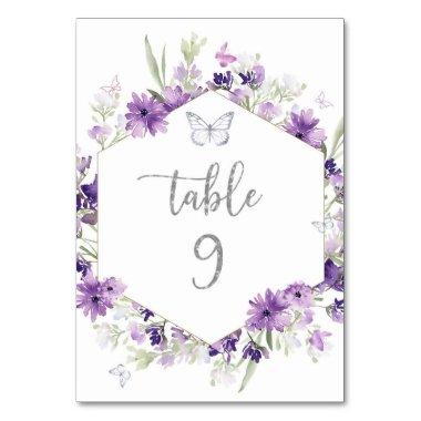 Purple floral silver butterfly table number