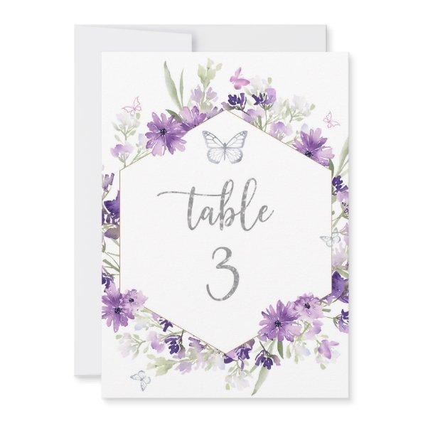 Purple floral silver butterfly table number