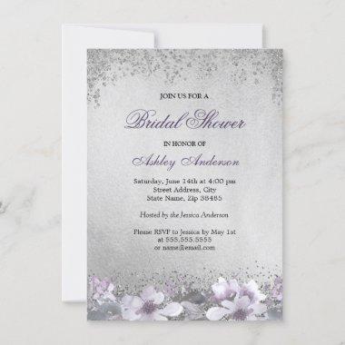 Purple Floral Silver Glitter Bridal Shower Invite
