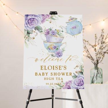 Purple Floral Tea Party Bridal Baby Shower Welcome Foam Board