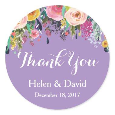 Purple Floral Thank You Wedding Favour Stickers