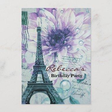 purple floral Vintage Paris Eiffel Tower Invitations