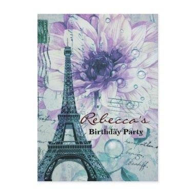 purple floral Vintage Paris Eiffel Tower Invitations