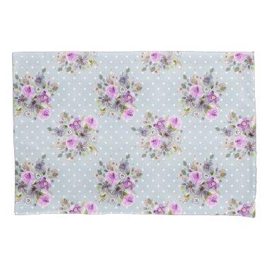 Purple Floral Watercolor Blue White Polka Dot Pillow Case