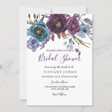 Purple Floral Watercolor Elegant Bridal Shower Invitations