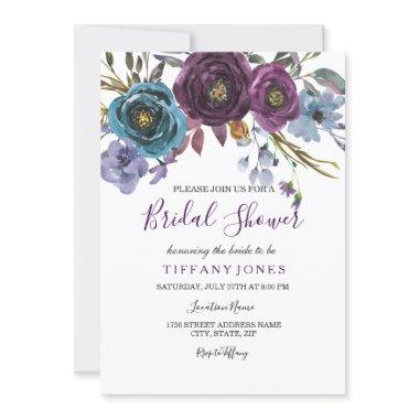 Purple Floral Watercolor Elegant Bridal Shower Invitations