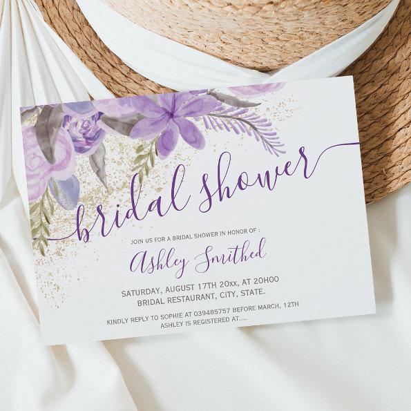 purple floral watercolor glitter bridal shower Invitations