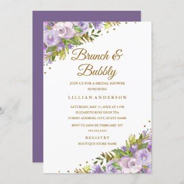 Purple Floral Watercolor Gold Brunch And Bubbly Invitations
