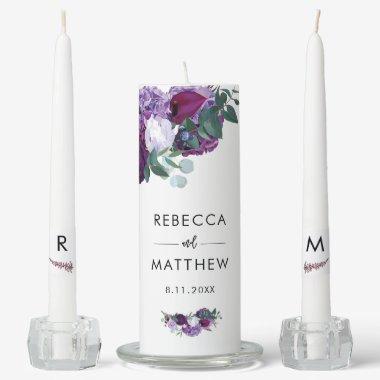 Purple Floral Watercolor Script Wedding Unity Candle Set