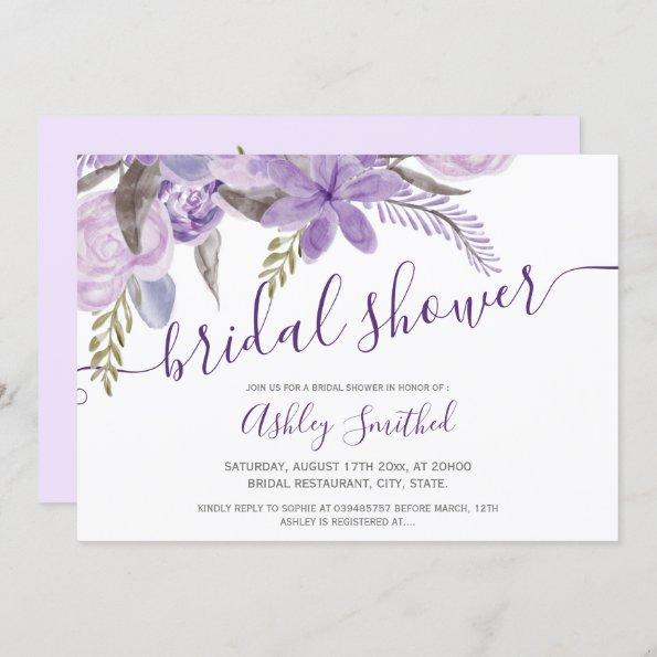 purple floral watercolor typography bridal shower Invitations