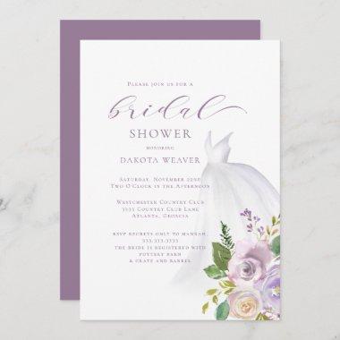 Purple Floral Wedding Dress Bridal Shower Invitations