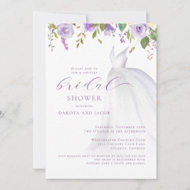 Purple Floral Wedding Dress Couples Bridal Shower Invitations