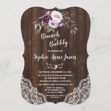 Purple Floral Wood Brunch and Bubbly Bridal Shower Invitations