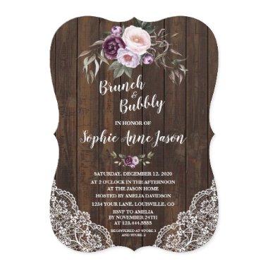 Purple Floral Wood Brunch and Bubbly Bridal Shower Invitations