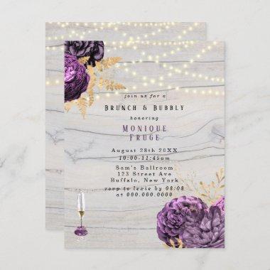 Purple Floral Wood Lights Brunch & Bubbly Invitations