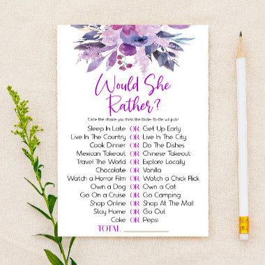 Purple Floral Would She Rather Bridal Shower Game Stationery