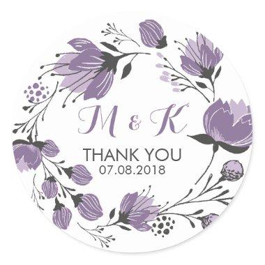Purple Floral Wreath Monogram Thank You Sticker