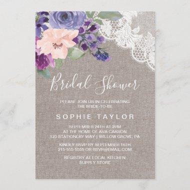 Purple Flowers and Lace Bridal Shower Invitations
