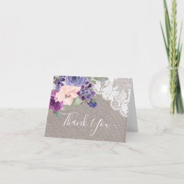 Purple Flowers and Lace Folded Wedding Thank You Invitations
