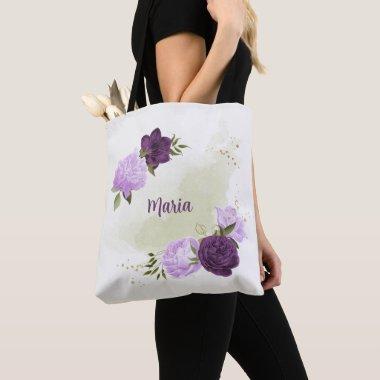 purple flowers green leaves tote bag