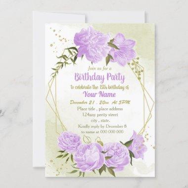 purple flowers greenery geometric birthday party Invitations