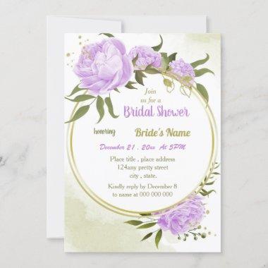 purple flowers greenery wreath bridal shower Invitations