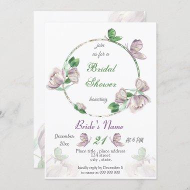 purple flowers & leaves butterflies bridal shower Invitations