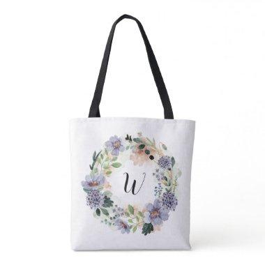 Purple Flowers Wreath Monogram Tote Bag