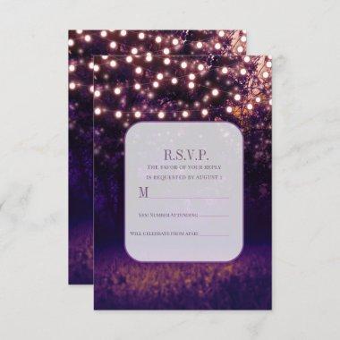 Purple Forest Sunset String Lights Wedding RSVP Invitations