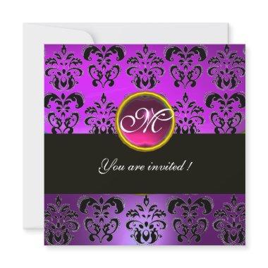 PURPLE FUCHSIA BLACK DAMASK MONOGRAM,pink amethyst Invitations