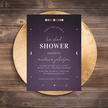 Purple Galaxy Gold Moon Celestial Bridal Shower Invitations