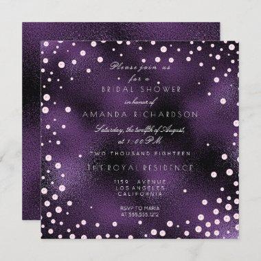 Purple Glass Pink Confetti Pearls Bridal Shower Invitations
