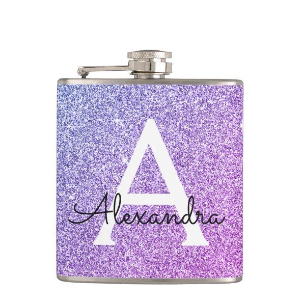 Purple Glitter and Sparkle Monogram Initial Flask