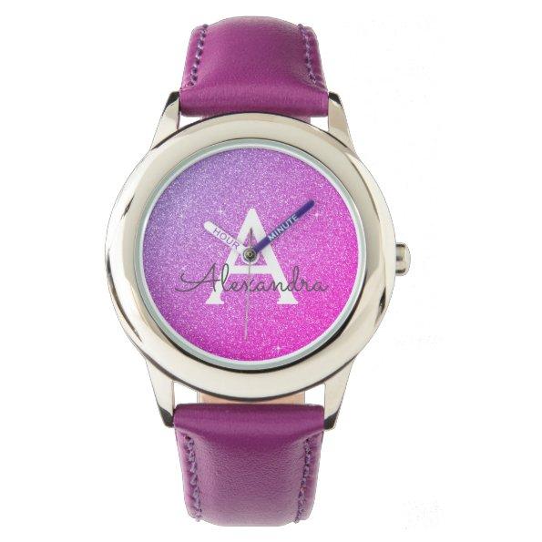 Purple Glitter and Sparkle Monogram Luxury Watch