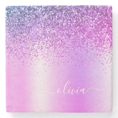 Purple Glitter Brushed Girly Monogram Name Stone Coaster