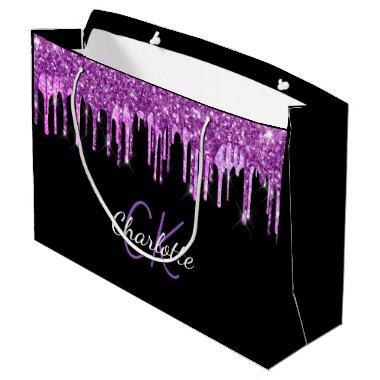 Purple glitter drips black pink monogram sparkle large gift bag