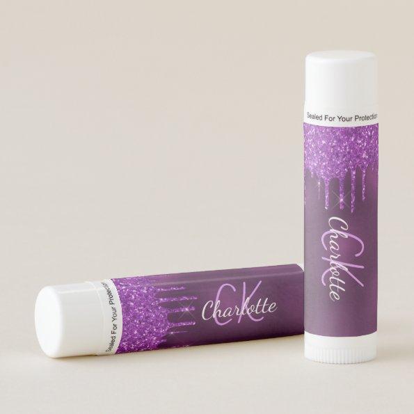 Purple glitter drips custom monogram lip balm