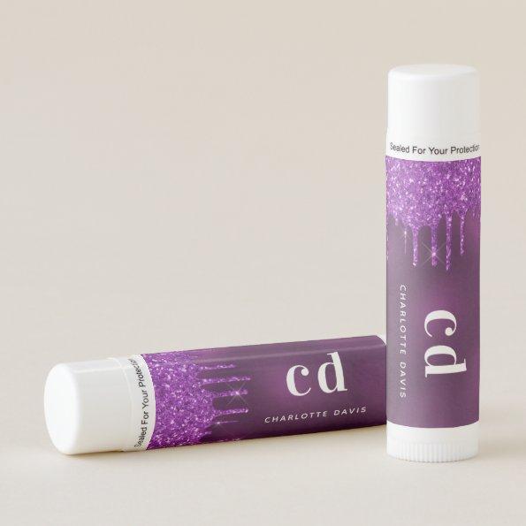 Purple glitter drips monogram initials lip balm