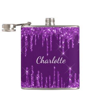 Purple glitter drips monogram name flask
