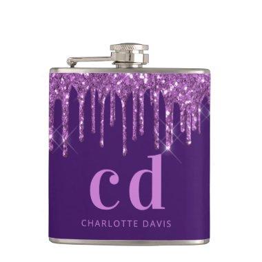 Purple glitter drips pink custom monogram name flask