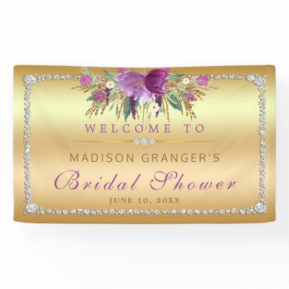 Purple Glitter Flowers Diamonds Gold Bridal Shower Banner