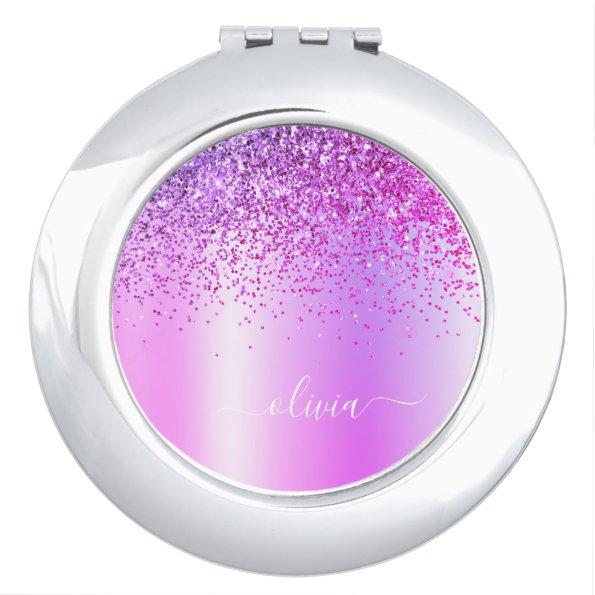 Purple Glitter Glam Metal Monogram Name Compact Mirror