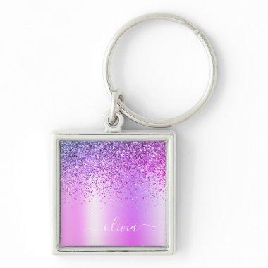 Purple Glitter Glam Metal Monogram Name Keychain