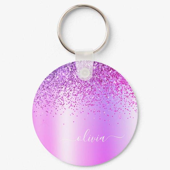Purple Glitter Glam Metal Monogram Name Keychain