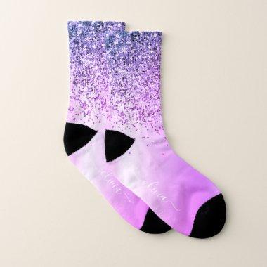 Purple Glitter Glam Metal Monogram Name Socks