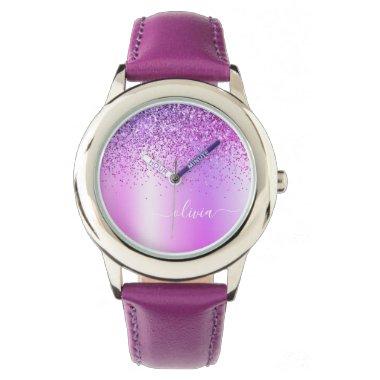 Purple Glitter Glam Metal Monogram Name Watch