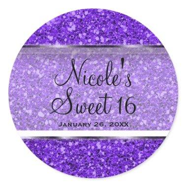 Purple Glitter Glam Sweet 16 Custom Party Favor Classic Round Sticker