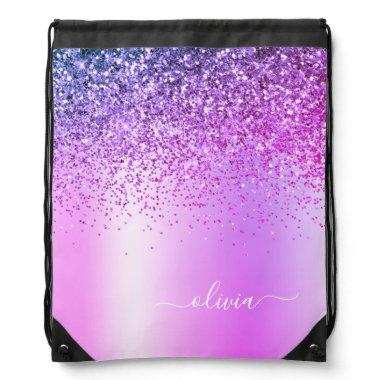 Purple Glitter Metal Monogram Name Girly Drawstring Bag