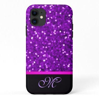 Purple Glitter Monogram Girly Mom Sparkle Bling iPhone 11 Case