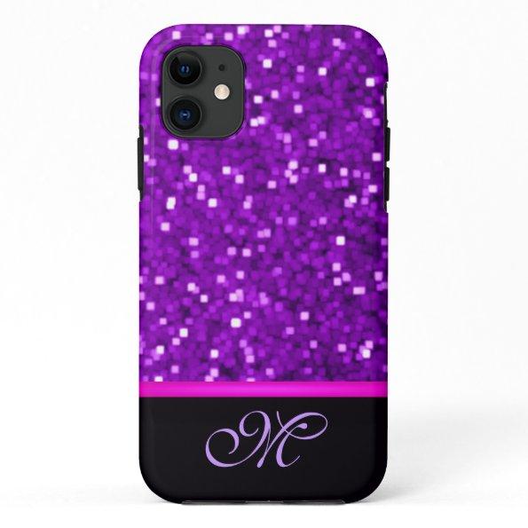 Purple Glitter Monogram Girly Mom Sparkle Bling iPhone 11 Case